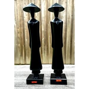 Pair of Vietnamese Wooden 13.5" Vintage Sculptures Figurines of a Woman Cone Hat
